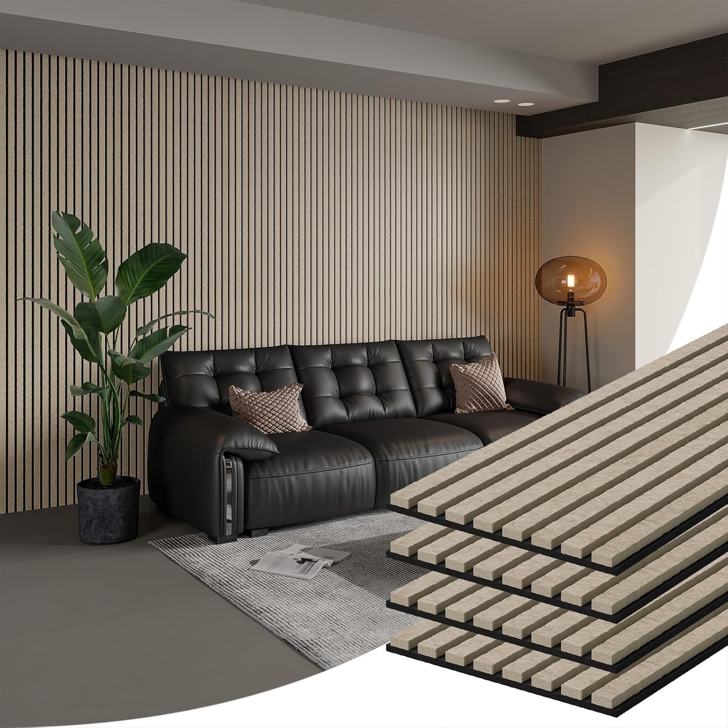 SMARTSTANDARD Acoustic Wall Panels, 4 Piece 106" x 12.6" Soundproof Slat Wall Paneling for Interior Wall Decor, 3D Fluted Acoustic Wall Panel, Beige