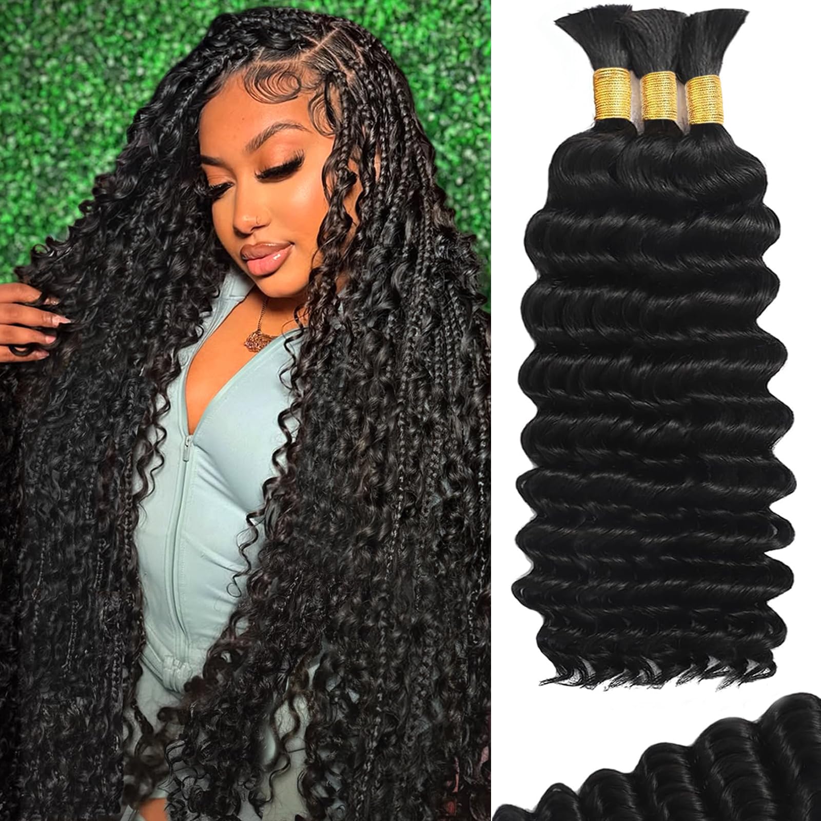 Human Braiding Hair for Boho Braids 120g 20 Inch 12A Deep Water Wave Bulk Human Hair Knotless Boho Braiding Curly 100% Virgin No Weft Extensions Bohemian Braids 3 Bundles/Pack Natural Color