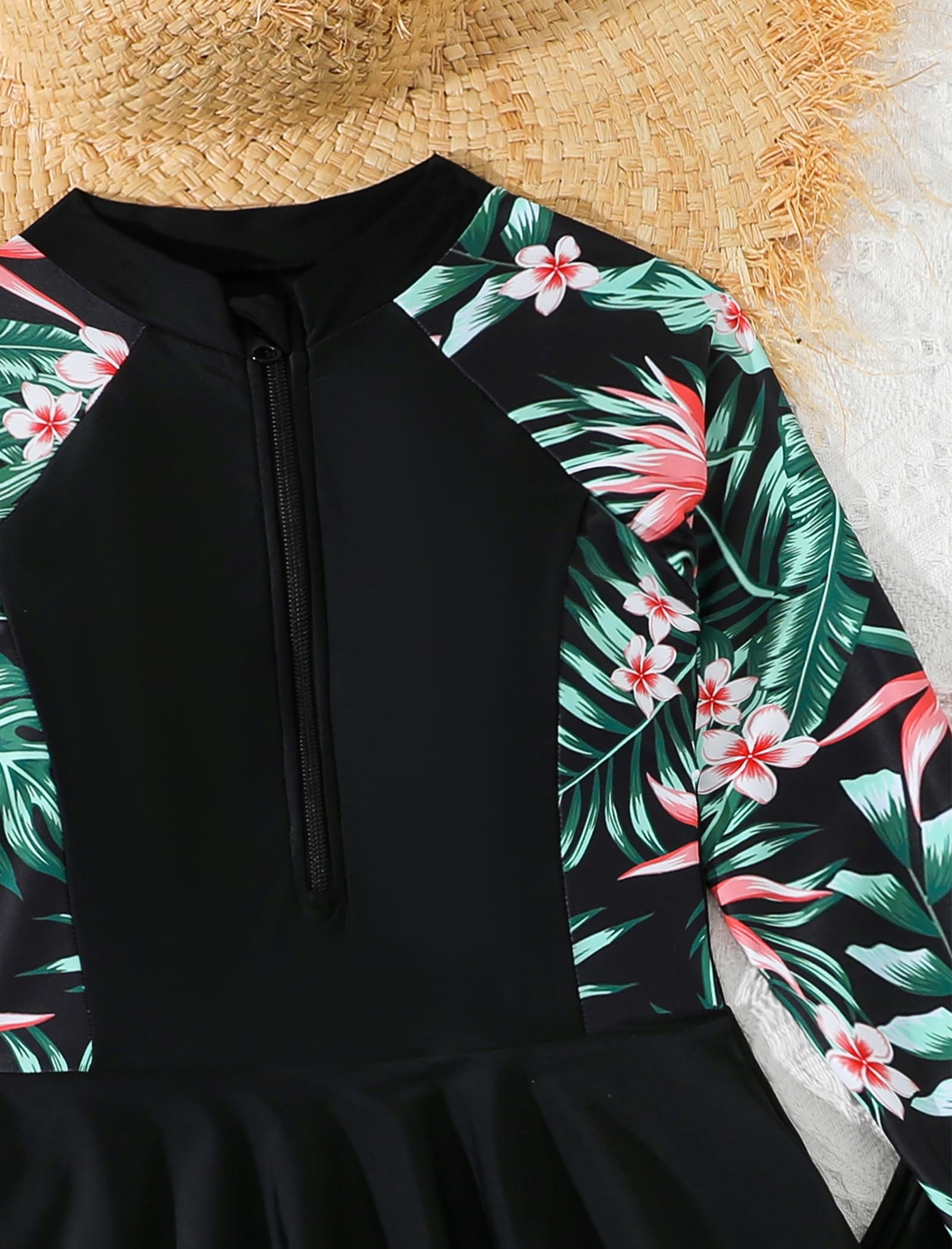 IMEKIS Costume da bagno musulmano per ragazze e bambine, a maniche lunghe, con stampa tropicale, 2 pezzi, costume da bagno modesto per età da 8 a 12 anni