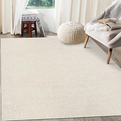 8x10 Washable Rug for Living Room Non-Slip Modern Abstract Area Rug Stain Resistant Large Bedroom Rug Contemporary Accent Throw Floor Carpet Solid Rug for Dining Room Home Decor, Cream