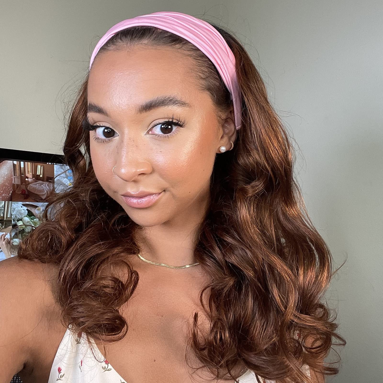 LUVME Human Hair Wig With Headband Brown With‎ Few Highlights Asymmetrical Style Amazon.com : LUVME HAIR Chestnut Brown Headband Wig Loose  main image 4