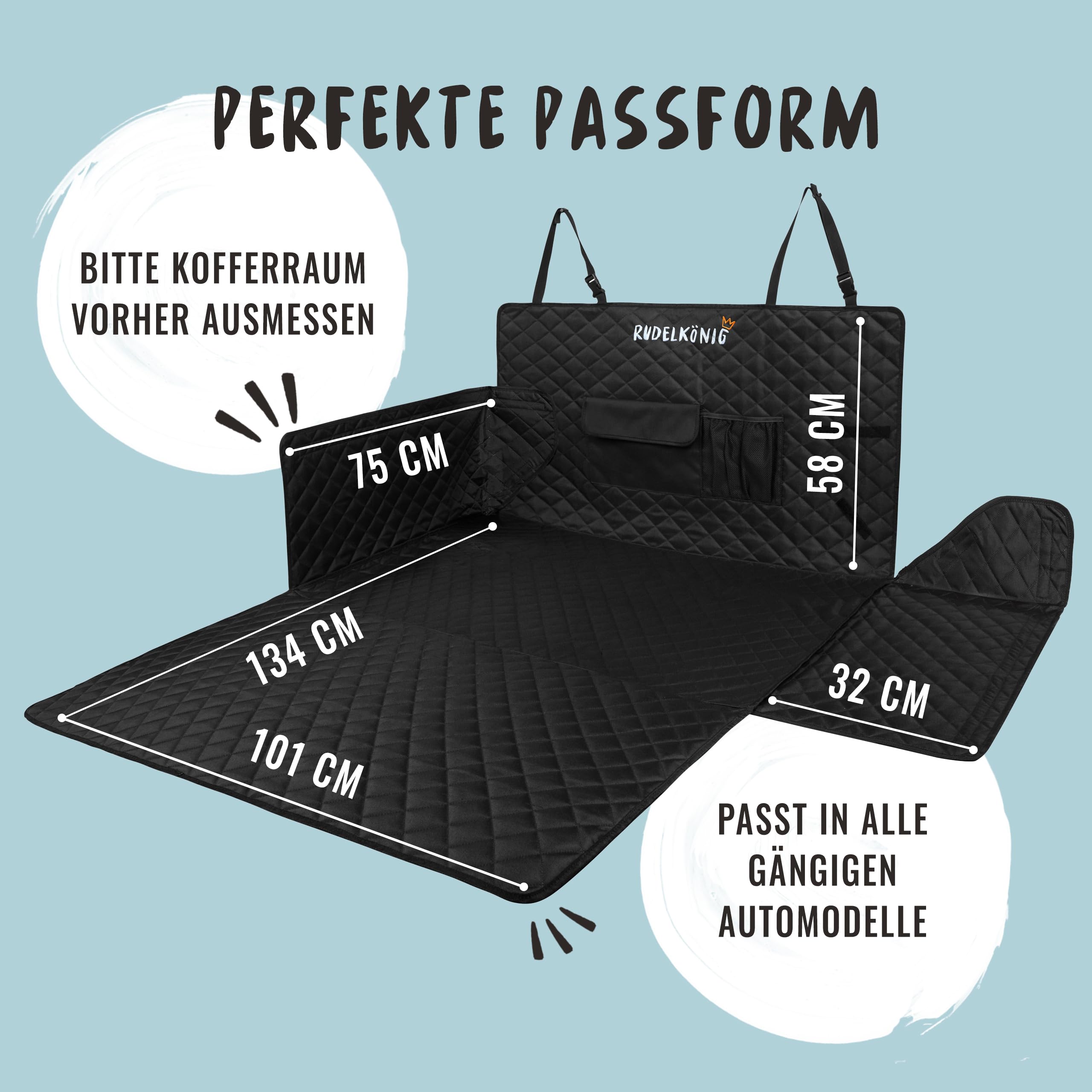 Besuche den Rudelkönig- Rudelkönig Kofferraumschutz Hund mit Ladekantenschutz - Wasserabweisend & Kratzfest - Gesteppte Auto Hundedecke mit Tasche - Universale Kofferraum Schutzmatte für Hunde in use