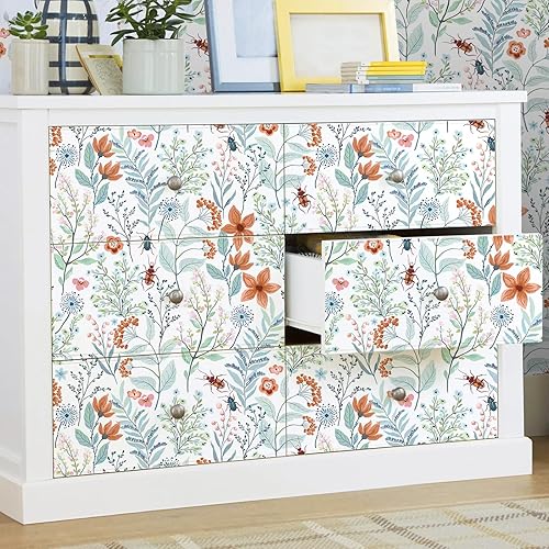 Miniatura 6 de VEELIKE Papel tapiz floral de escarabajos azules y naranjas, para despegar y pegar, papel tapiz botánico para cuarto de bebé, baño, 17.7 x 354