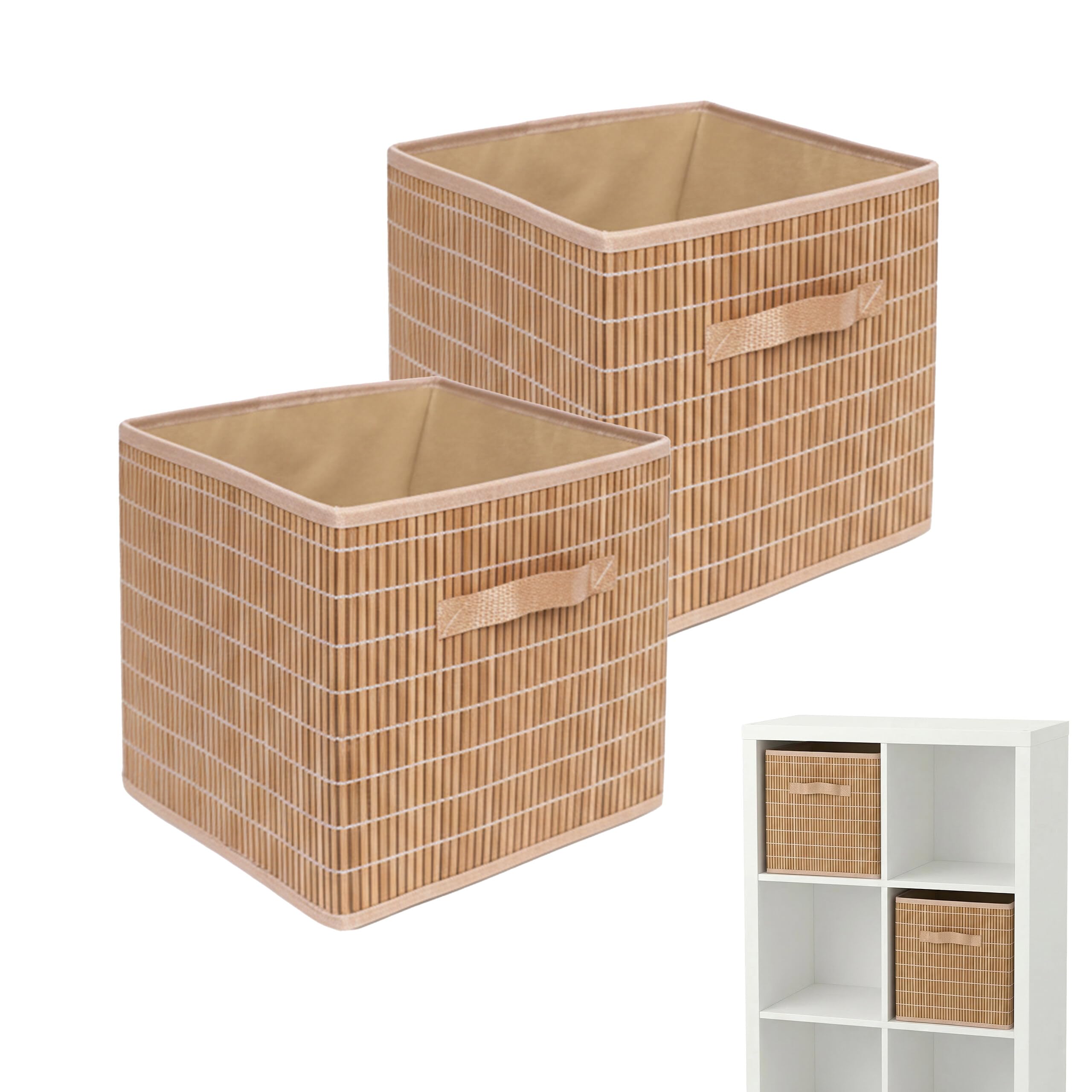 Relaxdays Set of 2 Storage Baskets, Bamboo & Fabric, Shelf/Bathroom, Handle, HxWxD 28x28x28 cm, Foldable, Natural