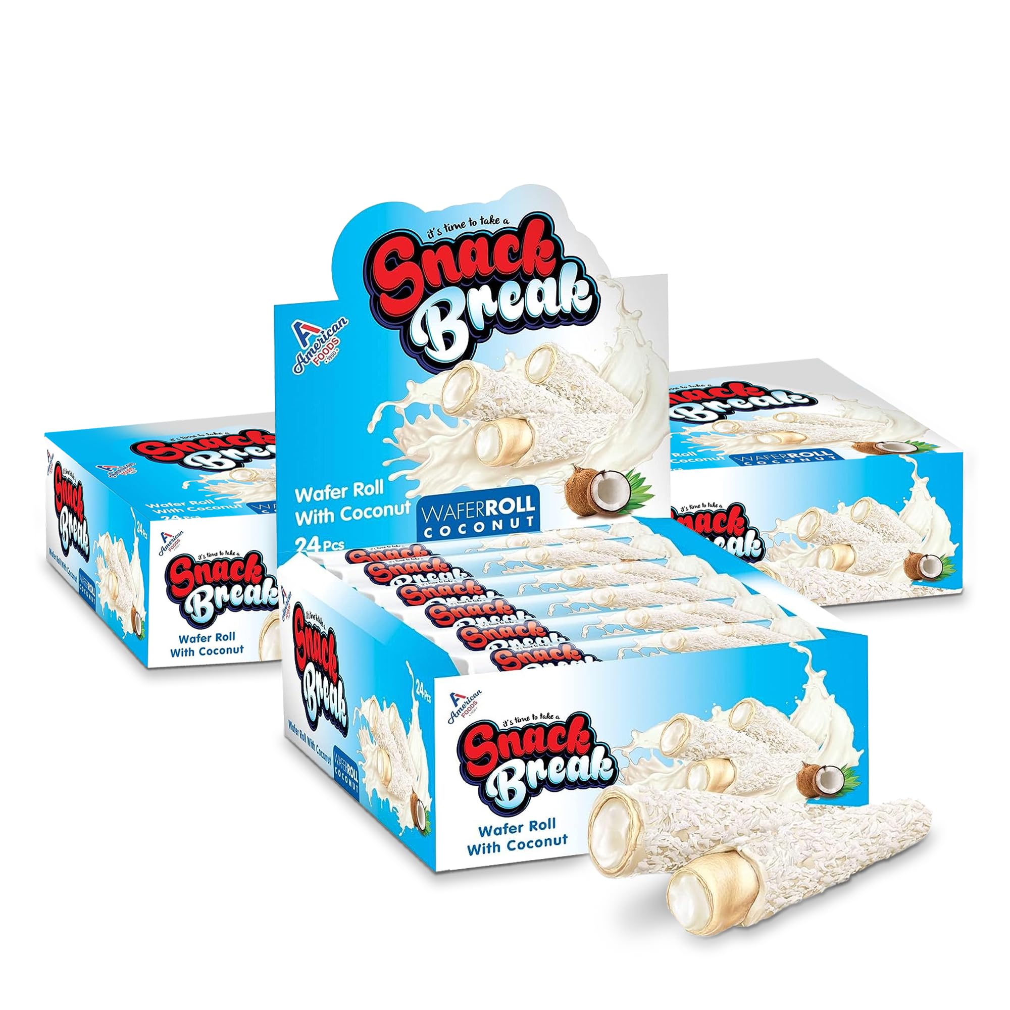 SNACK BREAKCoconut Rolled Wafers - 24 Individually Wrapped Wafer Rolls (Pack of 3) with Creamy Coconut Filling - Snacks for Kids & Adults