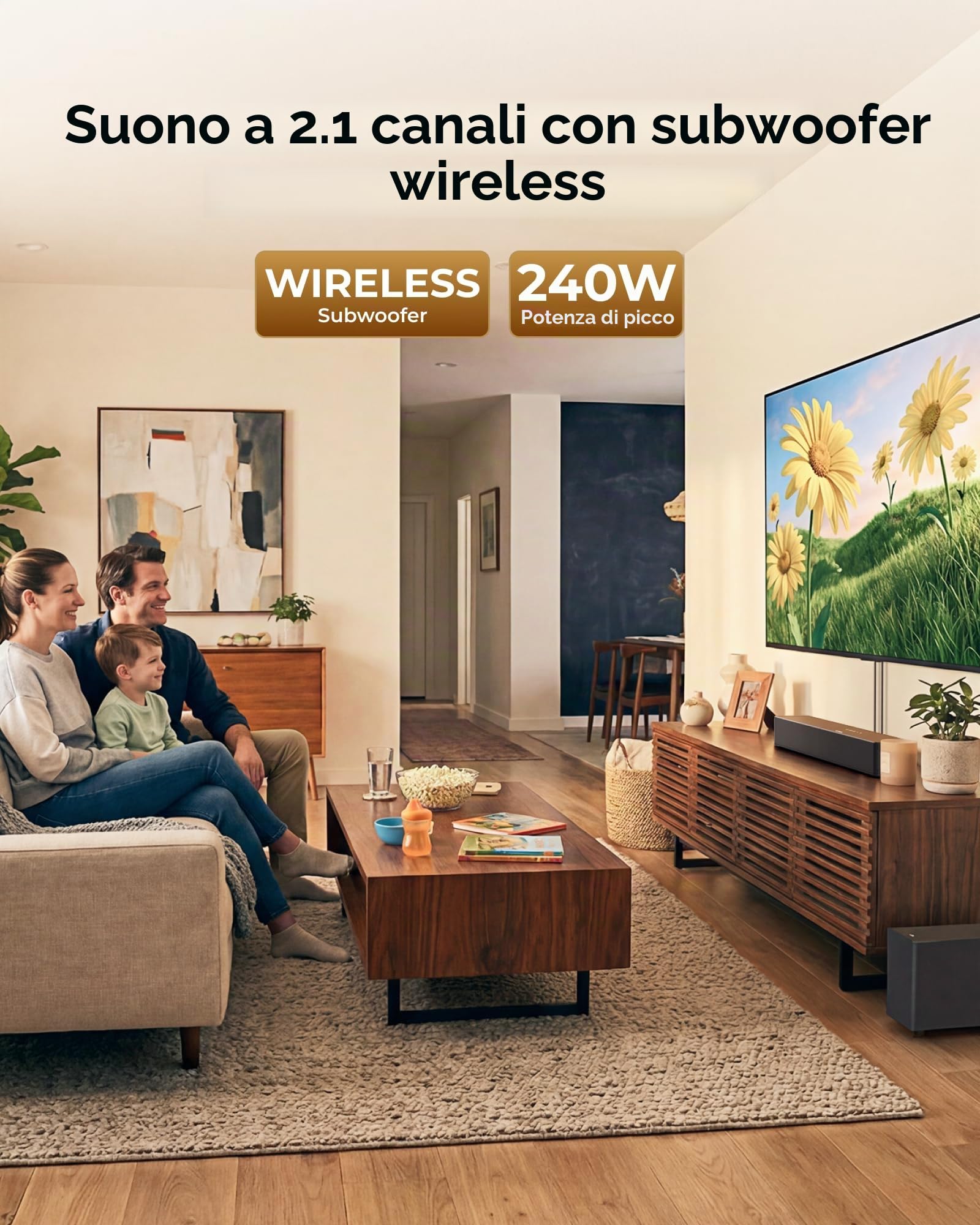 ULTIMEA Soundbar con Subwoofer Wireless, 240W Potenza di Picco, VoiceMX e BassMX, App Controllo, 2.1 canali Sound Bar per Smart TV, Bassi Regolabili, HDMI, Ottico, Bluetooth 6.0, Poseidon M30
