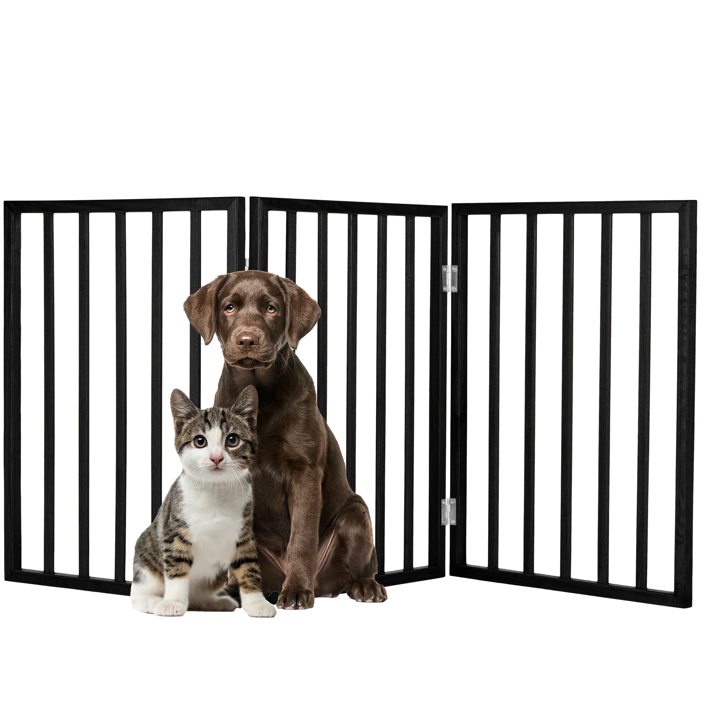 Pet Gate - 3-Panel Indoor Foldable Dog Fence for Stairs, Hallways, or Doorways - 54x24-Inch Wood Freestanding Dog Gates by PETMAKER (Black)