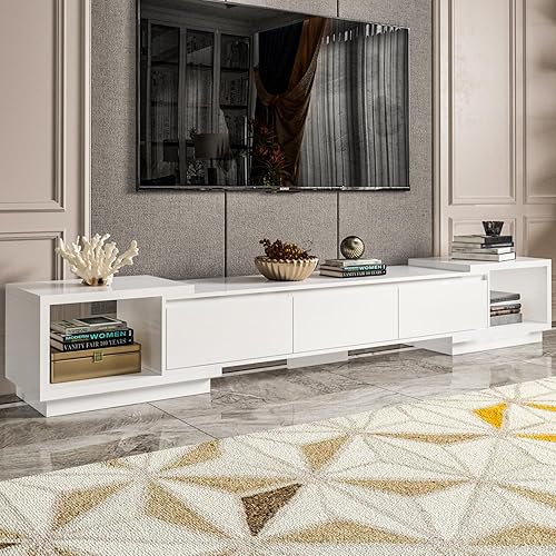 ECACAD Soporte de TV de longitud ajustable para televisores de hasta 70 pulgadas, moderno centro de entretenimiento multimedia con 3 cajones y