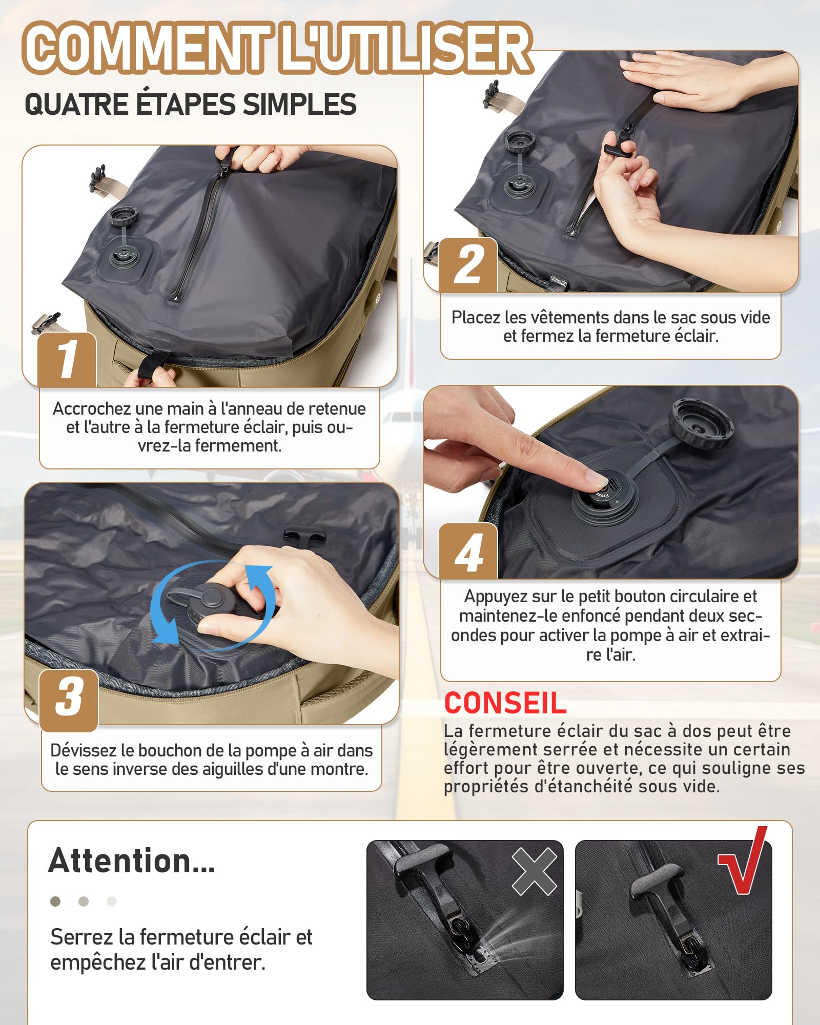 suradar Sac a Dos de Compression Voyage Sous Vide avec Pompe Intégrée Sac Cabine Avion 40x30x20 Ryanair Wizzair Eurowings Vueling Airbag Travel Sacs Sous Vide Bagage Cabine 40x30x20 Kaki