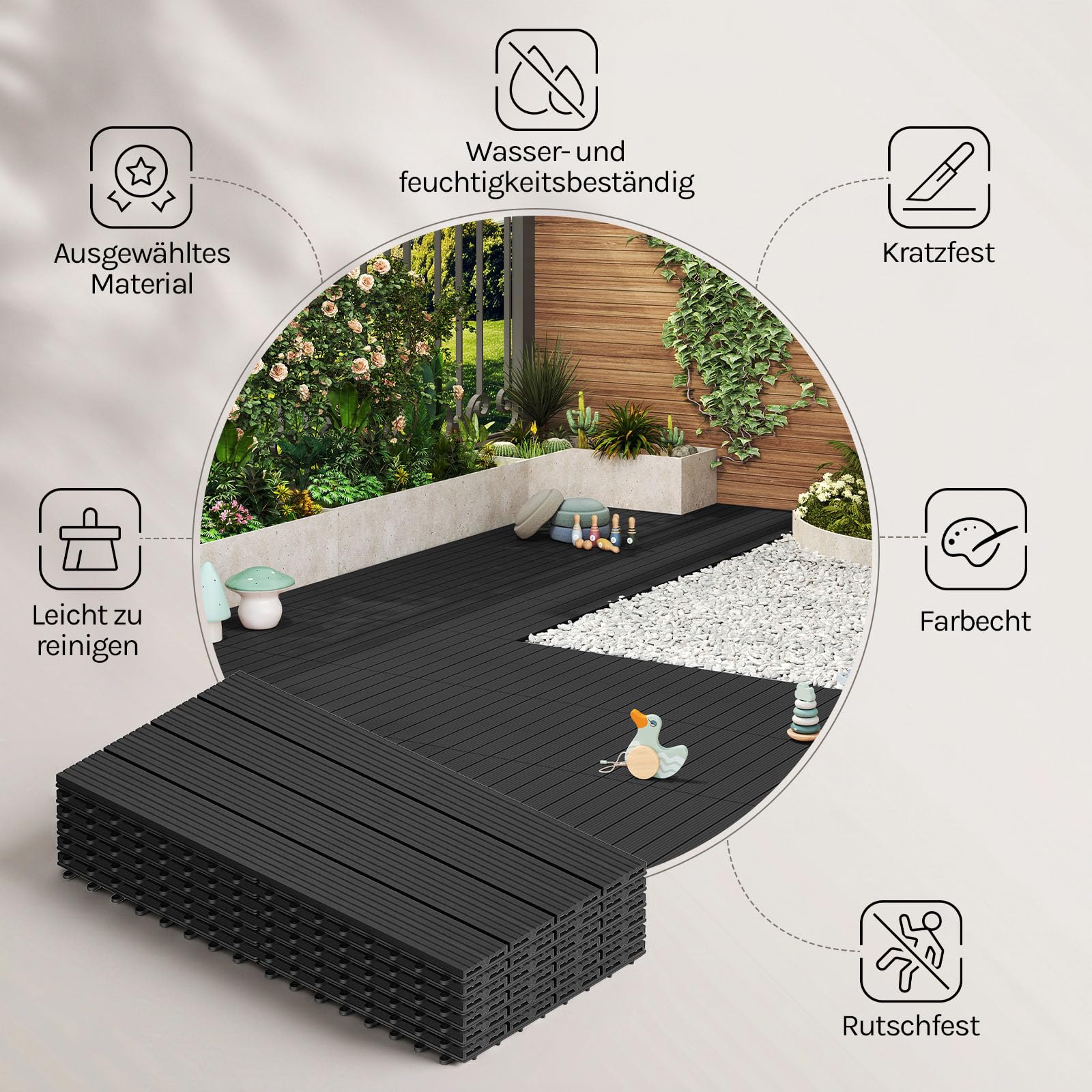 WOLTU WPC Fliese, Terrassenfliesen Holz-Optik, Bodenbelag mit Klicksystem, 30 x 60 cm, Anthrazit (12 Stück / 2 m²)