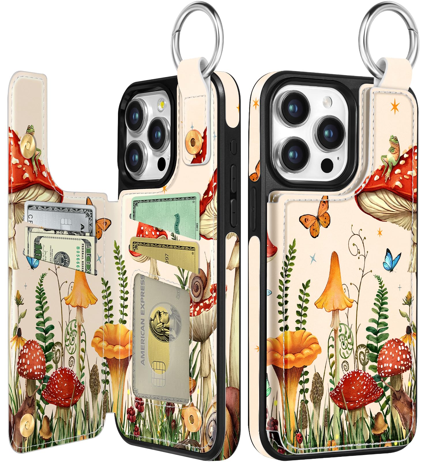 Shorogyt Compatible with iPhone 13 Pro Wallet Case with Card Holder - Designer Mushroom Frog Pattern Kickstand Magnetic Clasp Back Flip Folio Leather