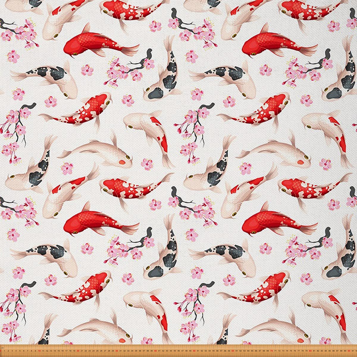Japanese Koi Upholstery Fabric by The Yard,Exotic Cherry Blossom Fabric for Upholstery and DIY Projects,Ethnic Traditional Sakura Waterproof Outdoor Fabric,5 Yards,(L460*W150cm) Pink Cream