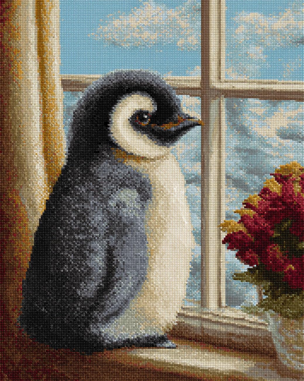 AxiangziK DIY Stamped Cross Stitch Kit Penguins by the Window 11CT 30x40cm
