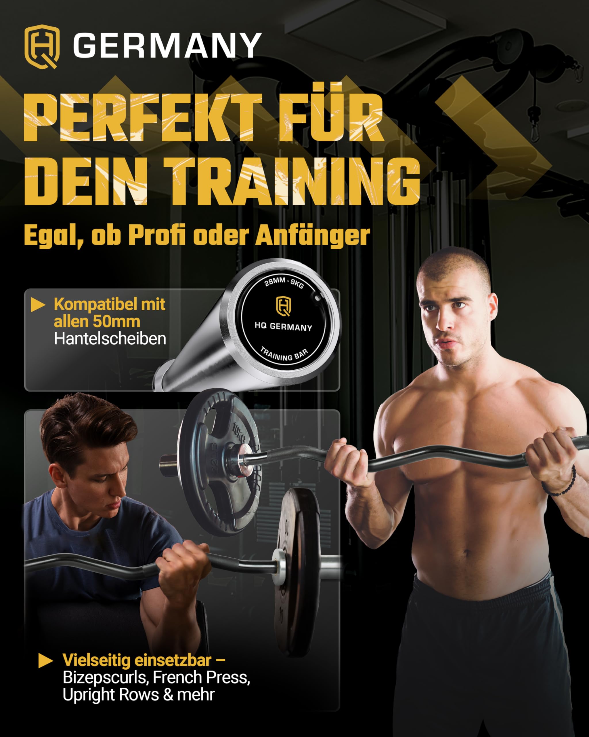 HQ Germany® SZ-Stange 50mm [Performance-Line] - Curl-Stange 50mm | Nadel statt Gleitlager, hartverchromte Sleeves, schwarz verchromter Schaft, 50mm Aufnahme, bis 250kg belastbar