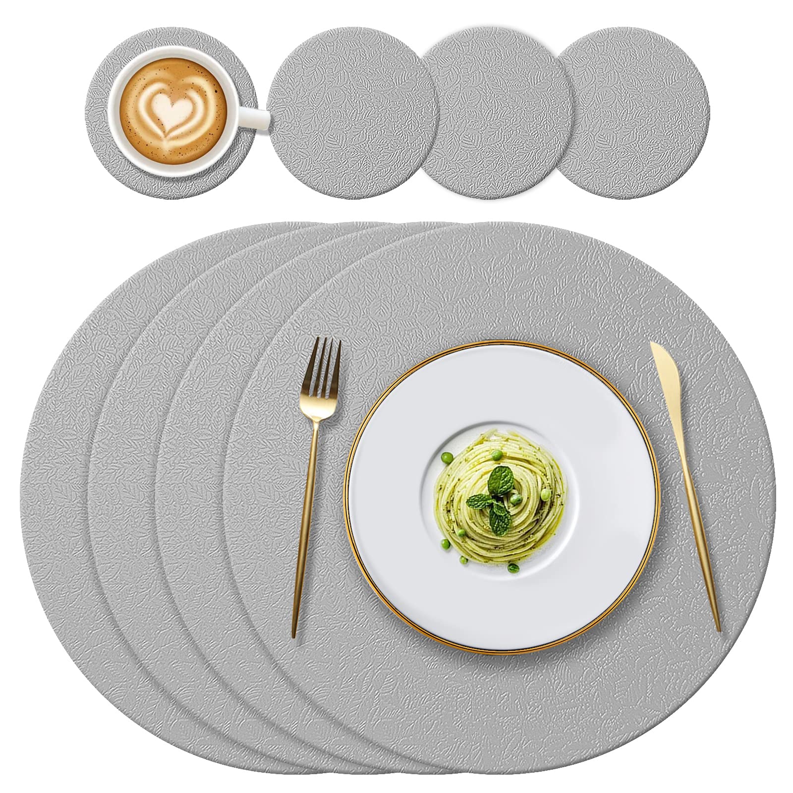YUNJUER Round Silicone Placemats and Coasters Set, Heat-Resistant 450 °F, Non-Slip and Waterproof, Easy to Clean, Table Mats for Kitchen Dining Table Home Restaurant, 8 Pieces (Light Grey)