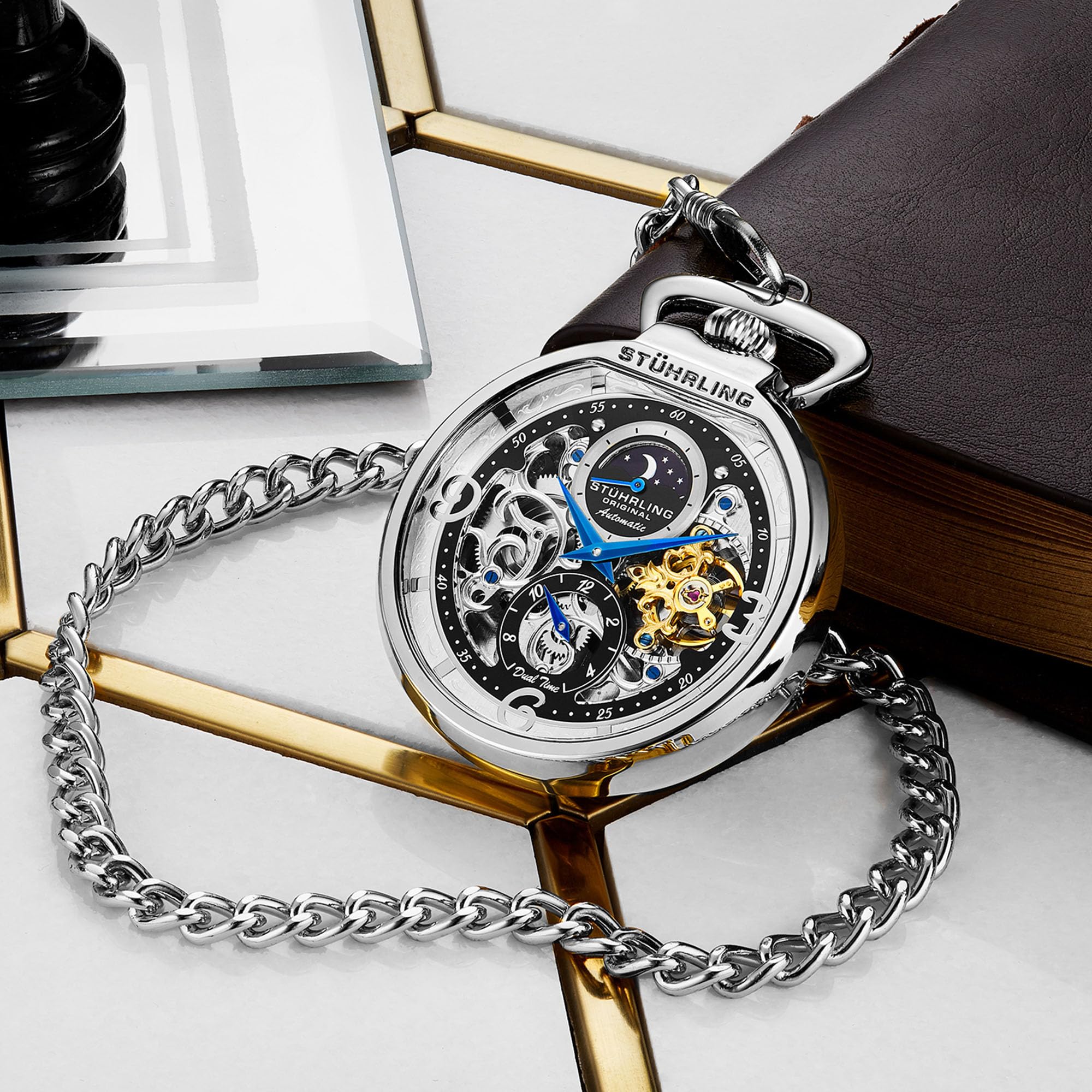 Stuhrling Original Orologio da tasca automatico da uomo, orologio da tasca a carica automatica con catena in acciaio inossidabile, sole/luna
