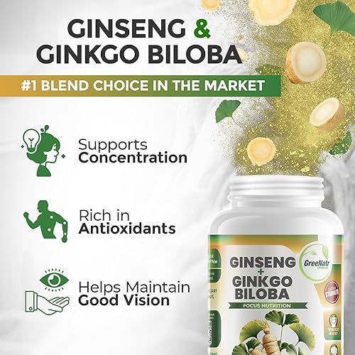 Miniatura 2 de GreeNatr - Tabletas de ginseng y ginkgo biloba - Súper alimento superior no transgénicovegetariano  Potenciador de energía y activador cerebral