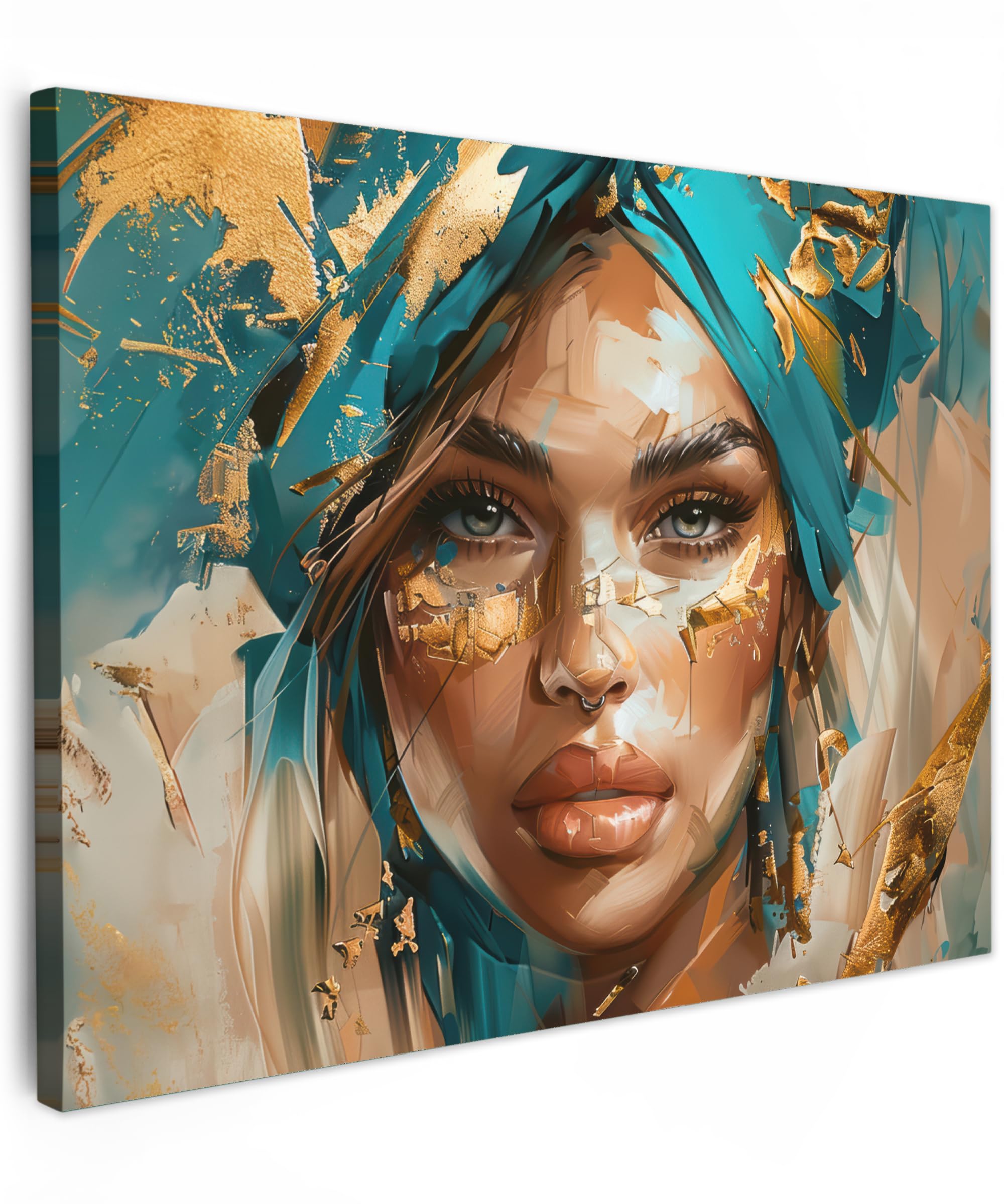 MuchoWow© Canvas Wall Art 28"x20" / 70x50 cm Decor Hanging Pictures for Living Room Canvus Artwork Deco Walls Woman - Portrait - Gold - Luxury - Blue