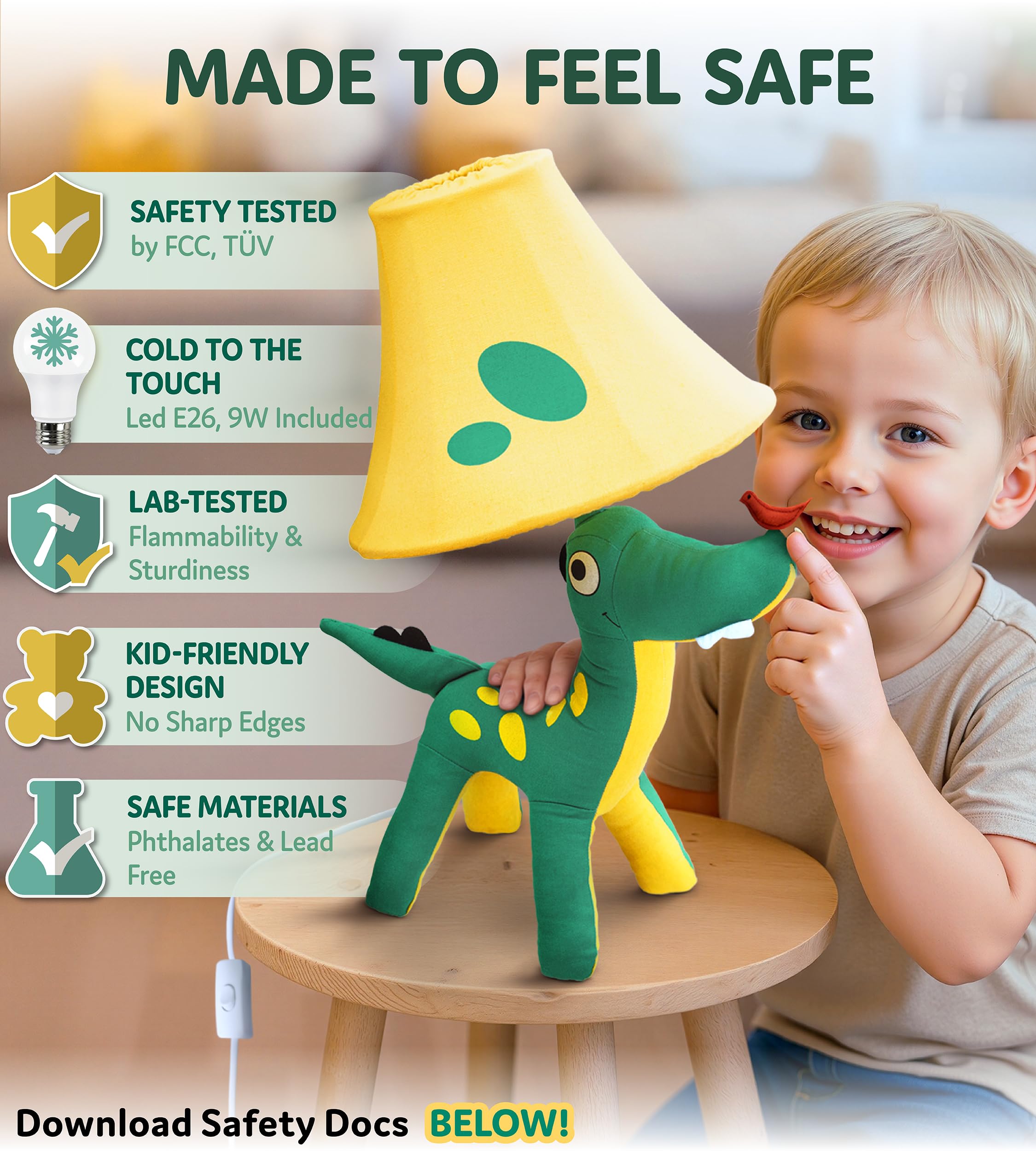 Lámparas de dinosaurio para niños, decoración de dormitorio, dinosaurio verde y amarillo