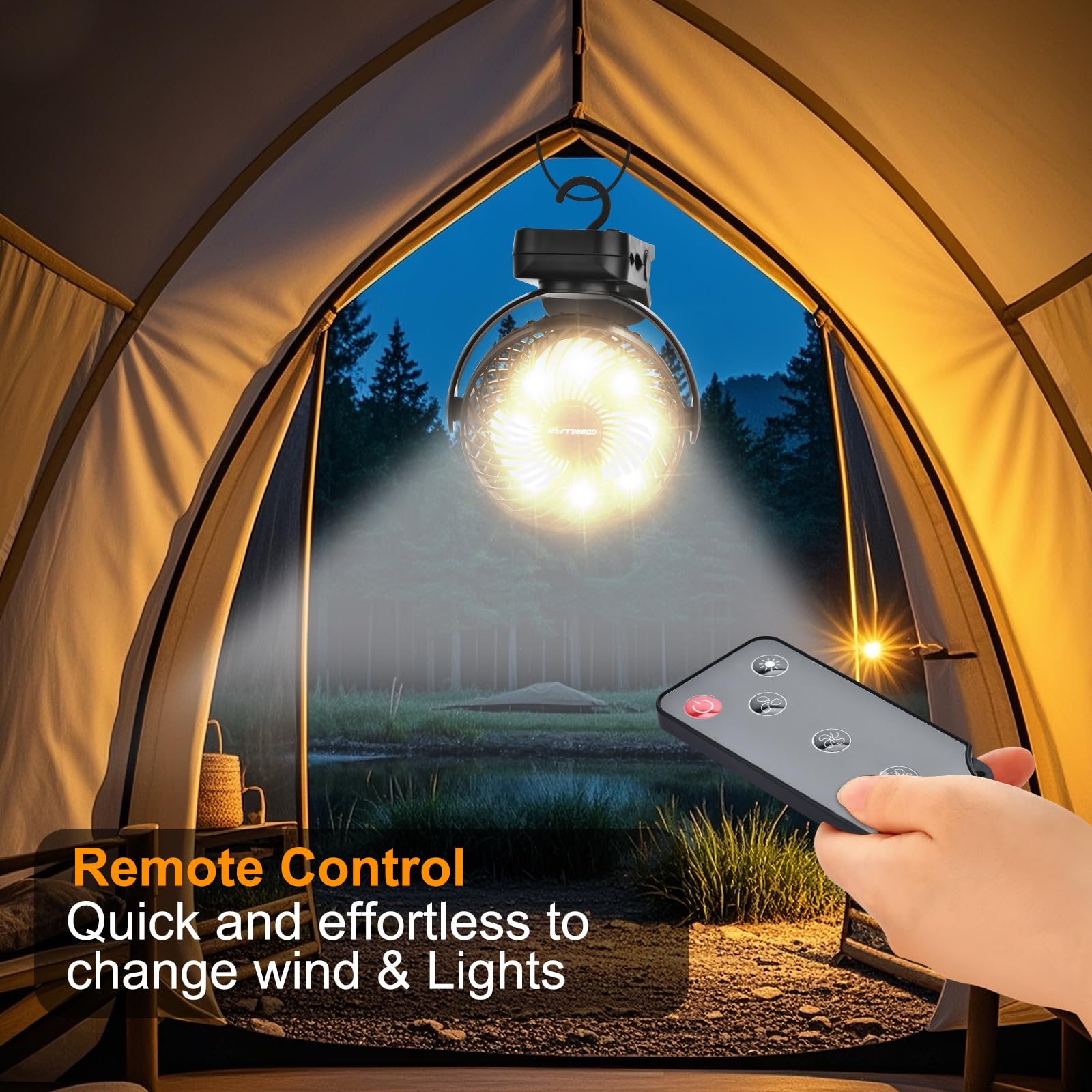 Ventilateur à pince télécommandé 6 pouces 12 000 mAh, veilleuse LED, 3 vitesses, ventilateur USB personnel portable pour la maison, le bureau, le camping-car et le camping en plein air-noir