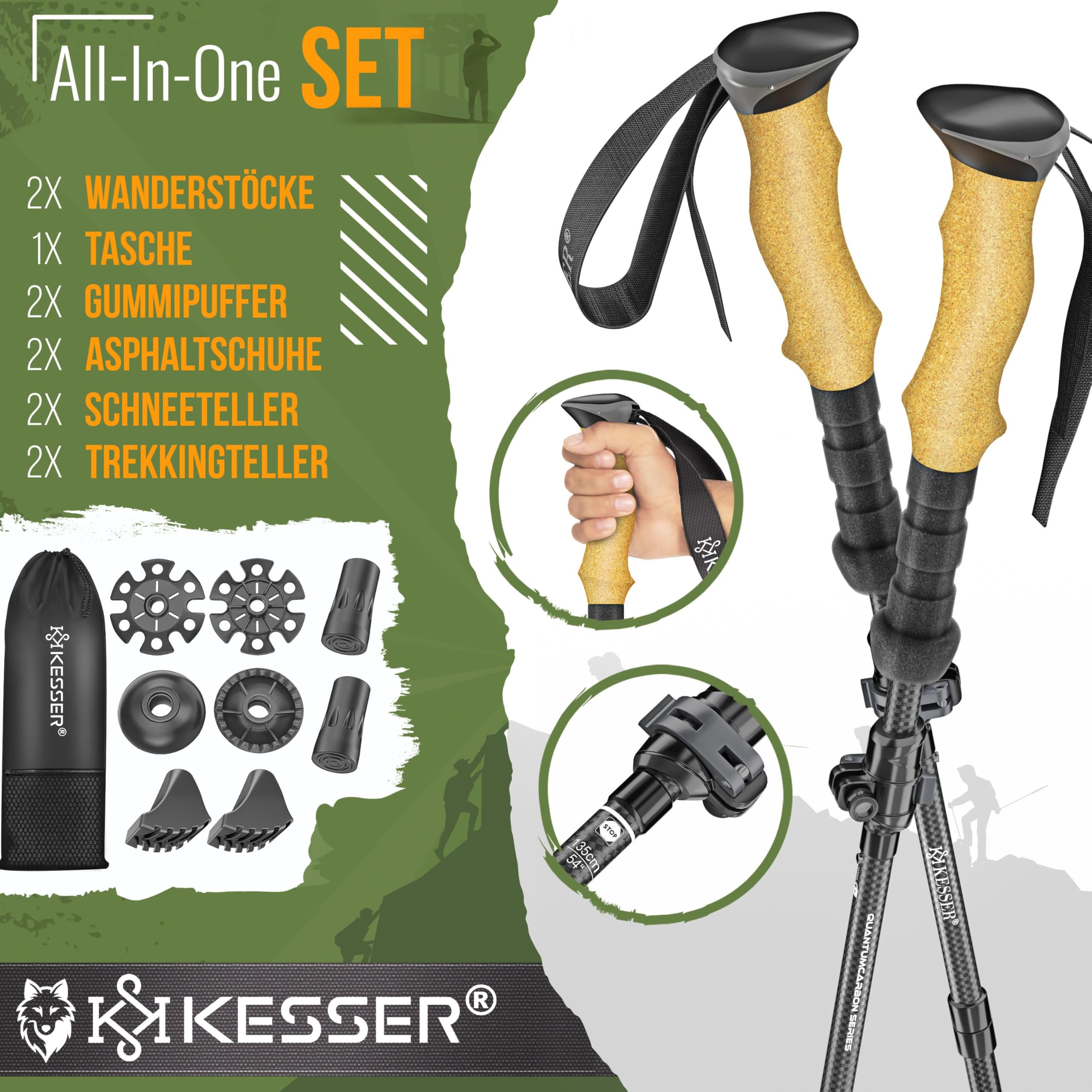 KESSER® Wanderstöcke Aluminium oder Carbon mit Korkgriff | Nordic Walking Stöcke für Damen & Herren faltbar oder Teleskop Trekkingstöcke zum Wandern, Trekking, Skitour & Bergsport inkl. Camping-Licht