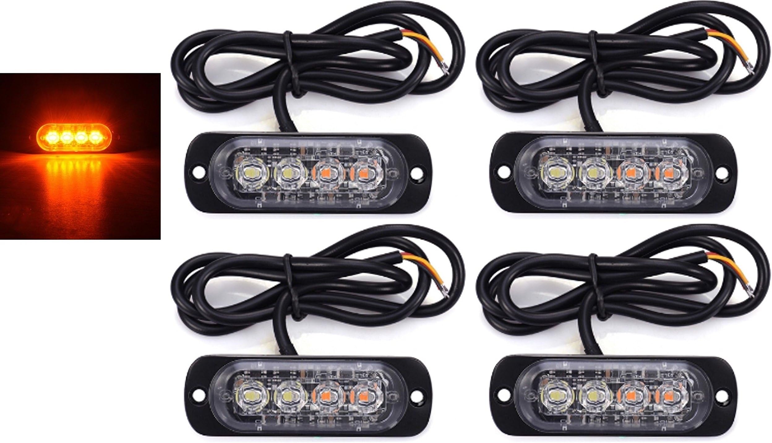 2 SETS 4 12/24v 4 LED Orange Amber Light Lamps Recovery Flashing Breakdown Strobe Grill