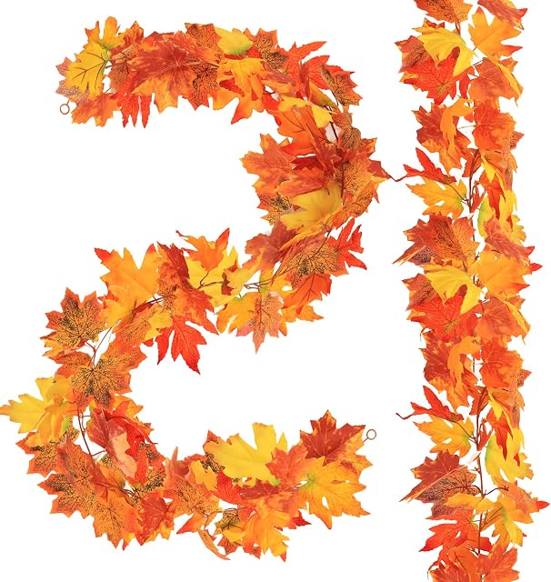 SelfTek 2 Pack Autumn Garland Artificial Maple Leaf Garland Autumn Fall Decorations Maple Leave Hanging Vines for Home Garden Fireplace Decor Wedding Halloween Party Thanksgiving Day