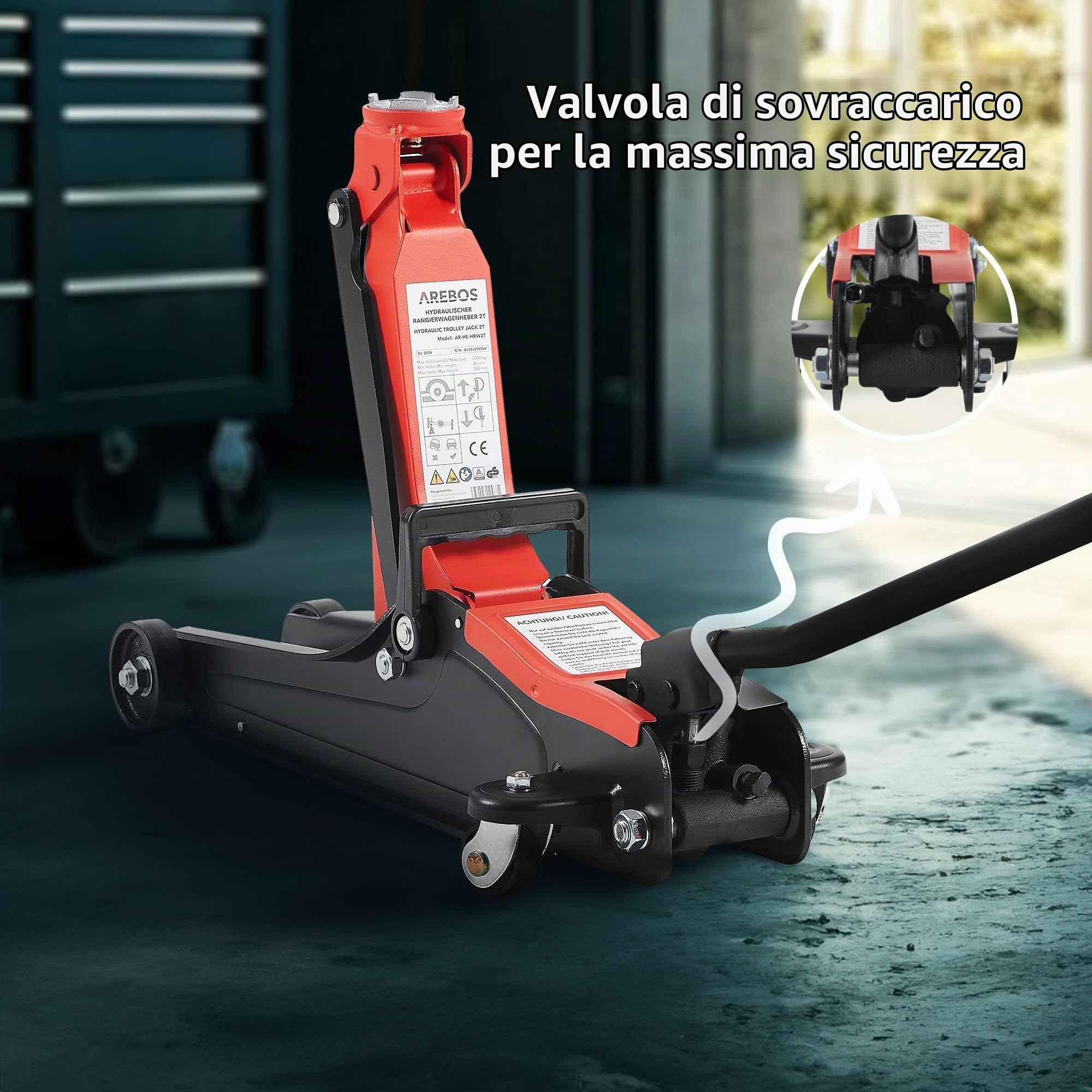 Arebos 2T Martinetto idraulico di manovra piatto | altezza di sollevamento 85-385 mm | 4 supporti | cavalletto per martinetto auto autovetture