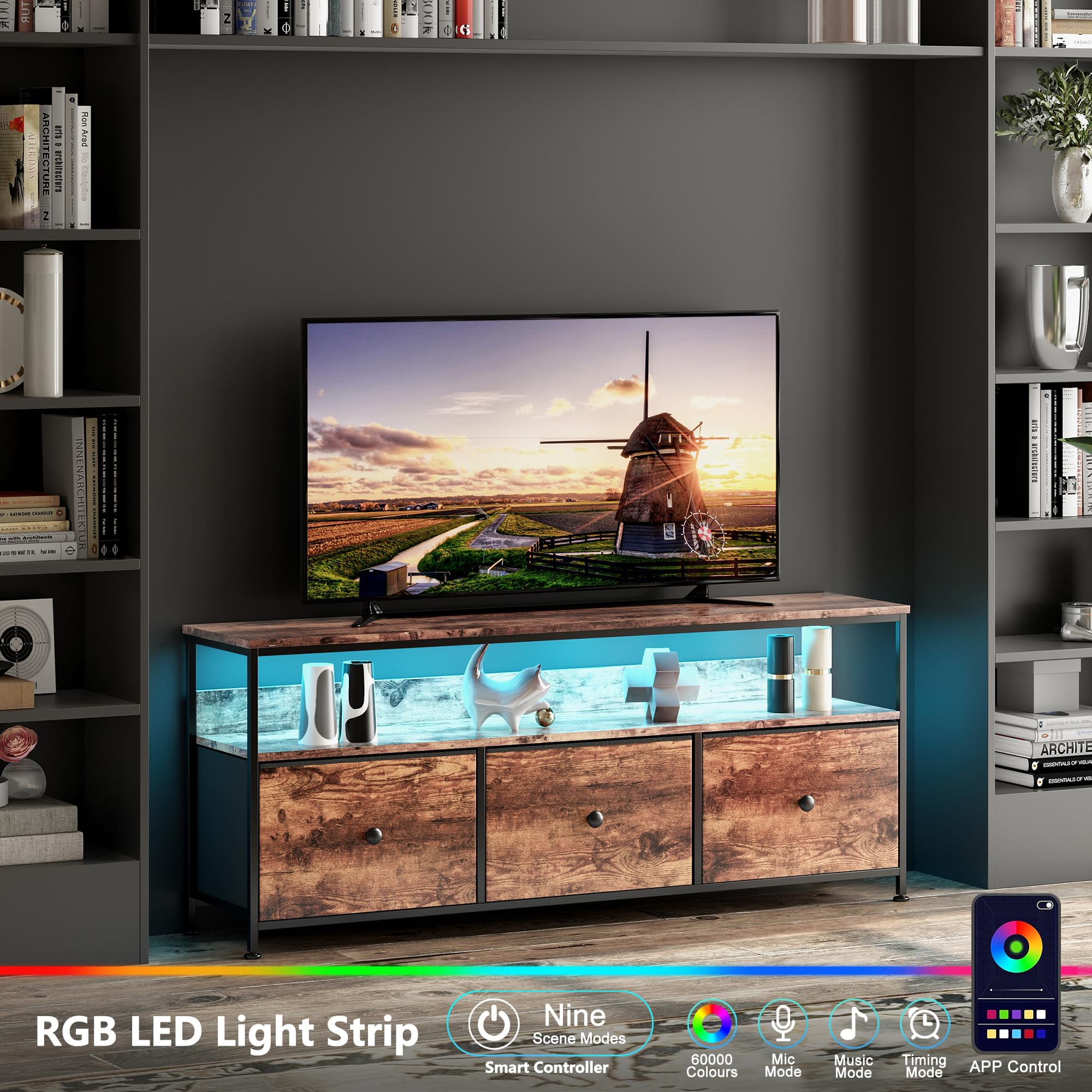 Szafka pod telewizor w stylu retro z oświetleniem LED, 3 szuflady, szafka multimedialna, centrum rozrywki, konsola multimedialna, szafka do salonu, 137 x 30 x 57 (typ B)