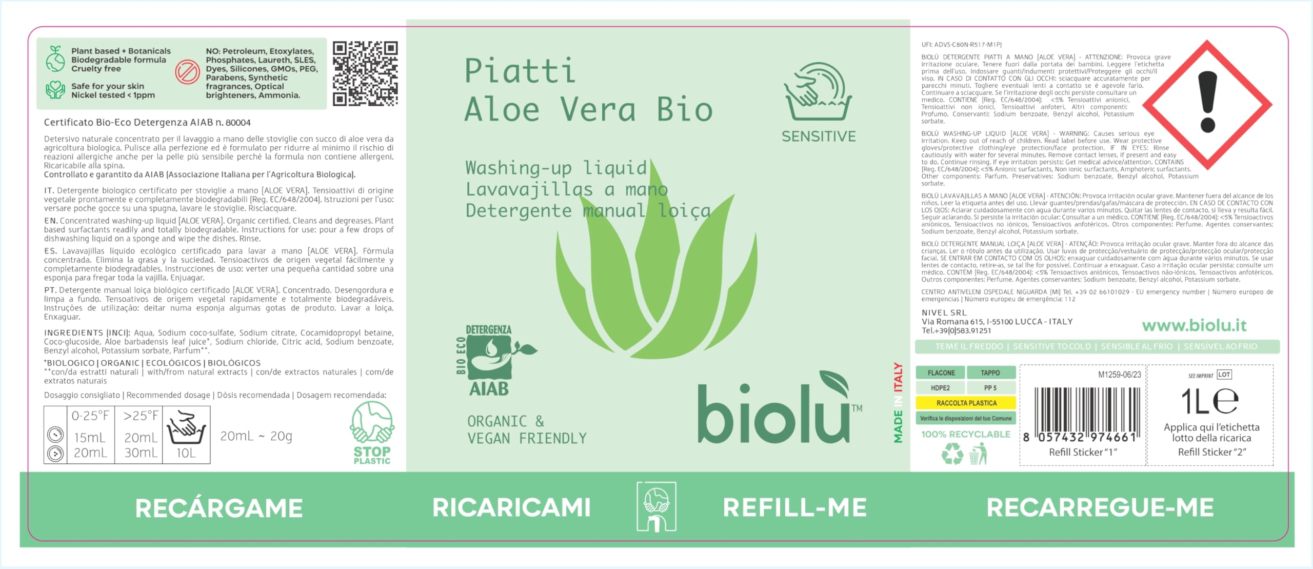 Biolù Detersivo Piatti Aloe, Naturale, Ecologico, 1L