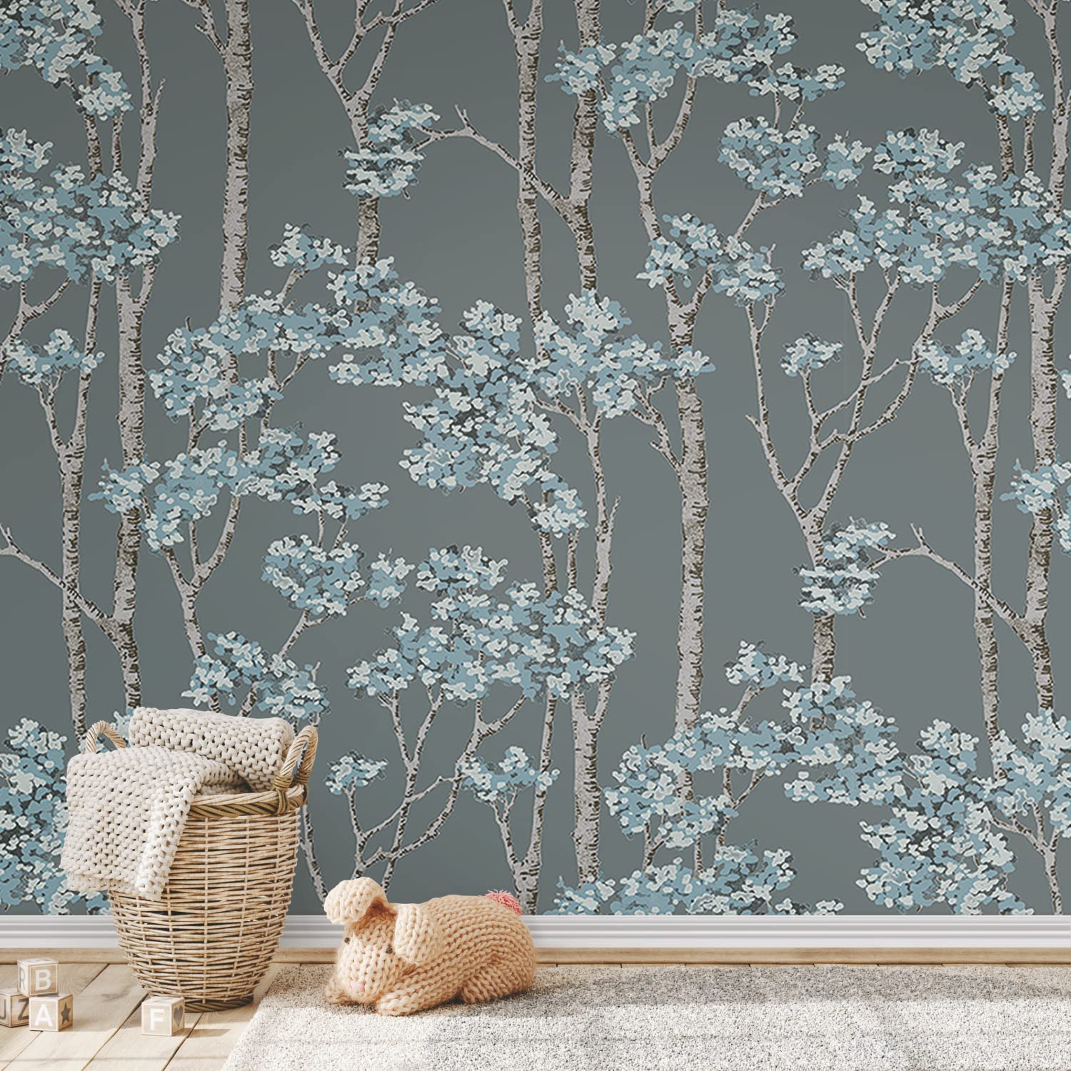 RoomMates RMK12344PLW Birch Grove Peel and Stick Wallpaper, Blue, Brown, Grey