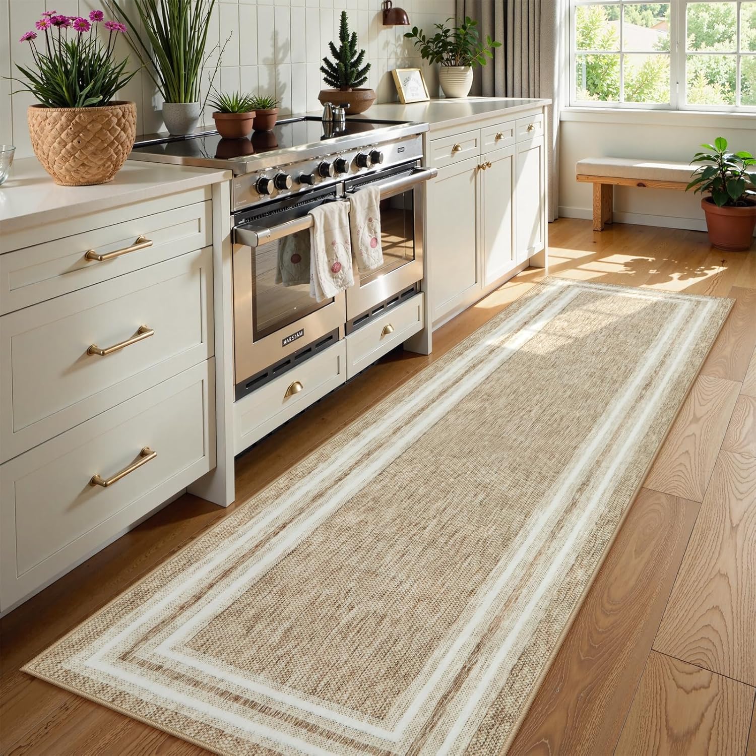 OJIA Modern Bordered Washable Runners for Hallways Printed 2'X8' Kitchen Rug Non Slip, Beige Bathroom Rug Runner Low Pile Long Soft Carpet Runner for Entryway Bedroom Laundry