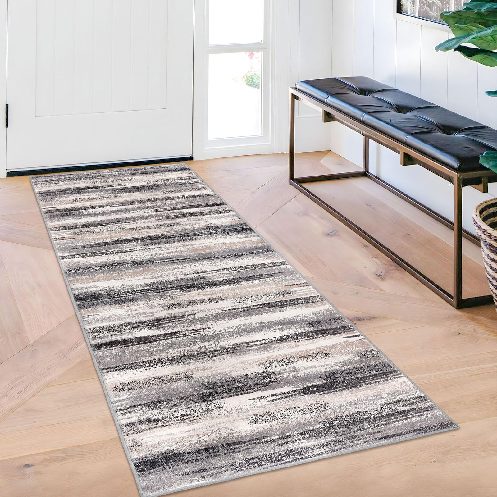 Modern Abstract Kitchen Runner Rug Grey Black, 2x6 Washable Rug Runner Non-Slip Soft Abstract Carpet Runners for Hallways Entryway Bathroom Laundry Room Foyer Bedroom Bedside Indoor Home