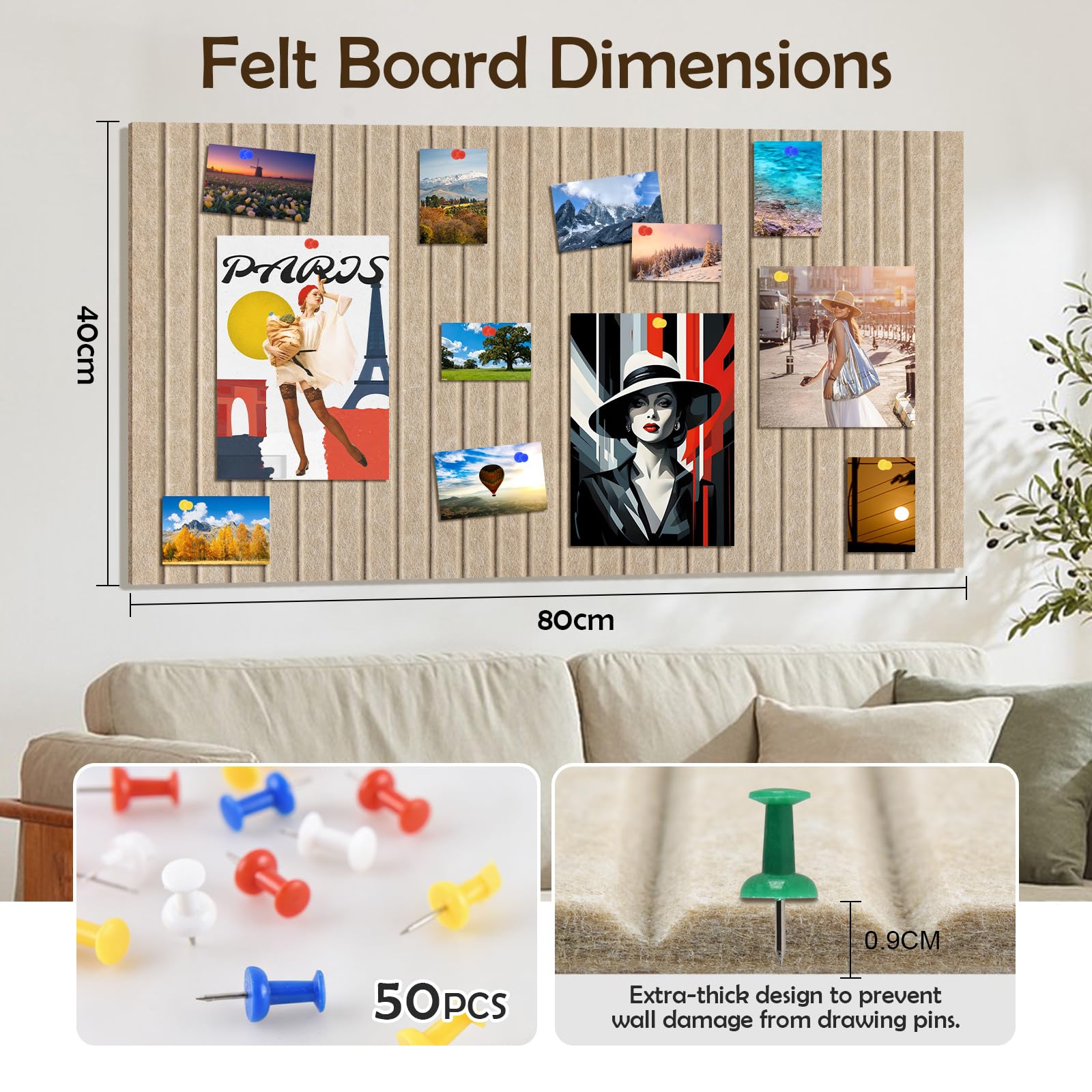 ALANGDUO Tableau Liege Mural 80 x 40 cm, Grand Tableau d'affichage en Feutre avec Punaises, 0,9 cm d'Épaisseur, Tableaux en Liège pour Bureau, Maison, Cuisine, École et Magasin, Camel Foncé