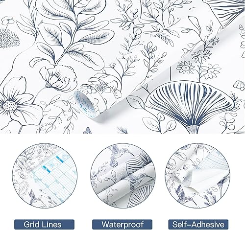 Miniatura 6 de CiCiwind Papel tapiz de despegar y pegar, papel tapiz floral azul y blanco, bohemio, autoadhesivo, extraíble, papel de contacto extraíble, para