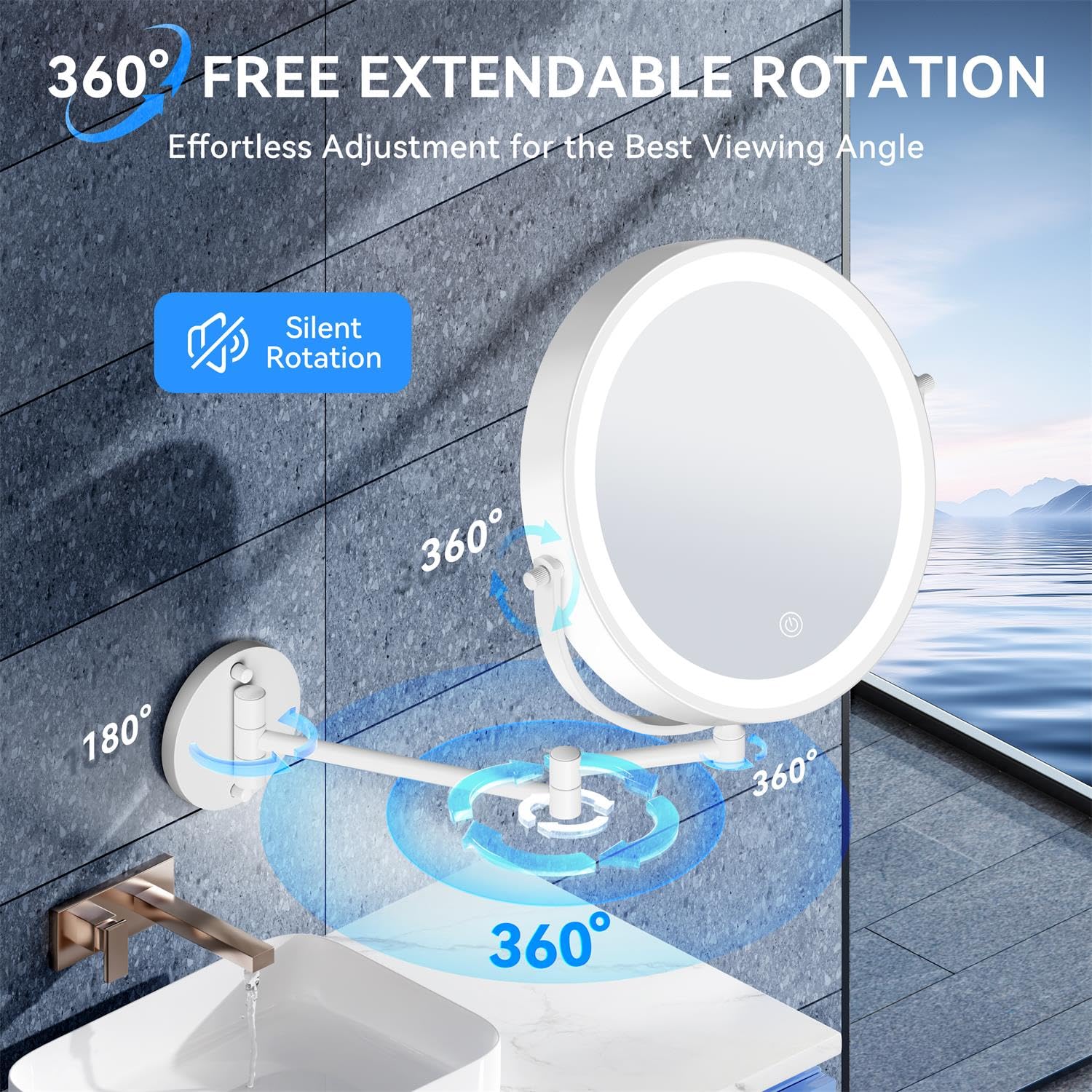 Espejo de maquillaje montado en la pared 1X/30X con luz, espejo de aumento de doble cara de 9 pulgadas, 3 luces de color, espejo de tocador regulable táctil con rotación de extensión de 360°, brazo