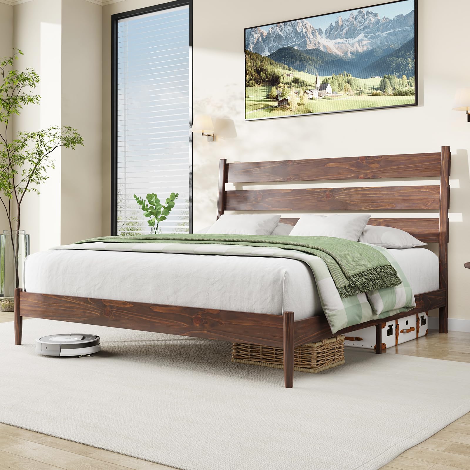 Solid Wood Bed Frame with Ergonomic Headboard, Full Size Mid Century Wooden Platform Bed with Wood Slats & Metal Foundation Support, Non-Slip & Noise-Free, Easy Assembly, Chocolate 