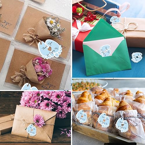 Miniatura 7 de jijAcraft Etiquetas de agradecimiento para baby shower, 100 unidades de etiquetas de regalo de agradecimiento con cuerda, etiquetas azules para baby