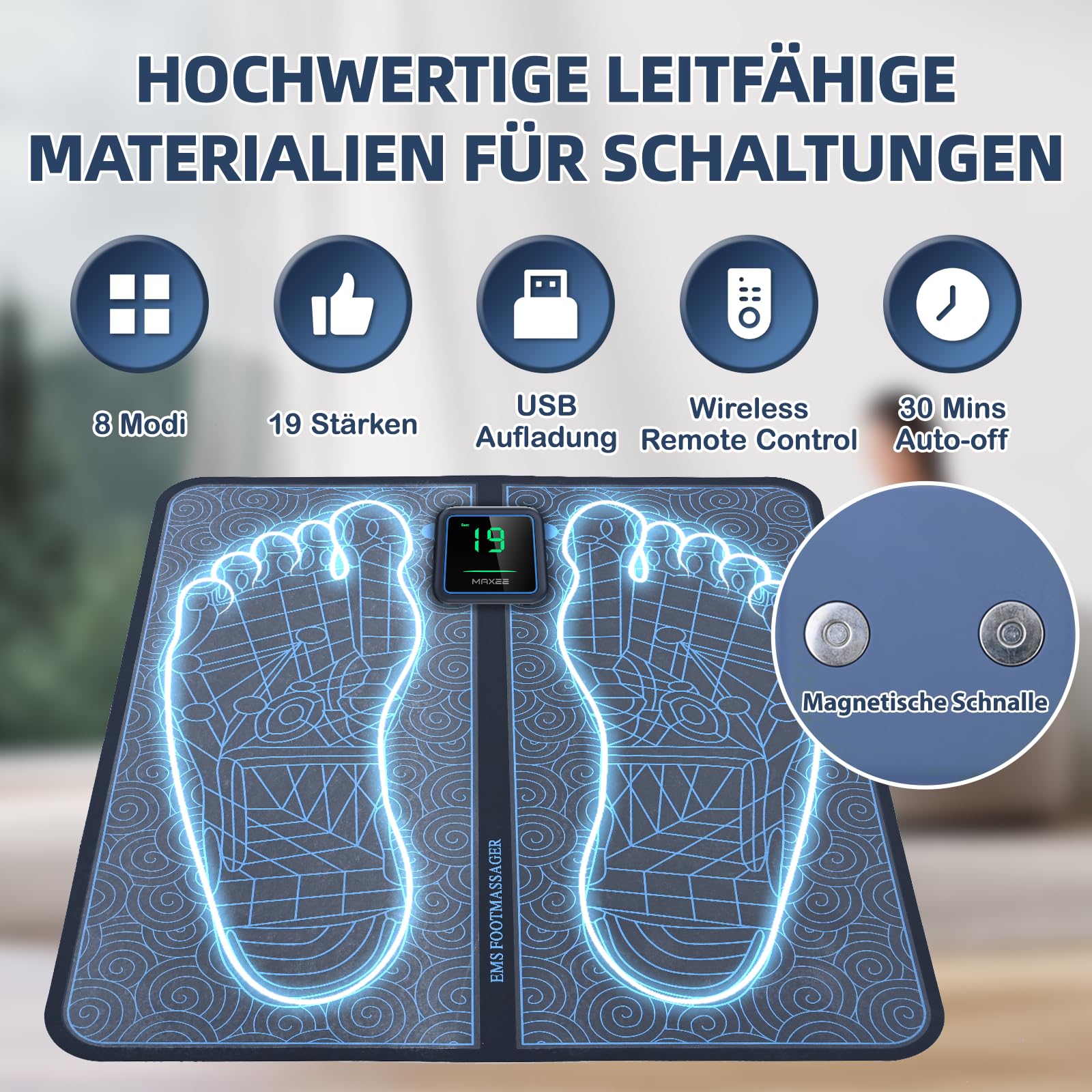 Maxee EMS Fußmassagegerät, Kabelloses Tragbares Fußmassagegerät mit Fernbedienung, 8 Modi 19 Intensitäten, TYP C Fußgesundheitsmassagegerät, Fördert die Durchblutung-11