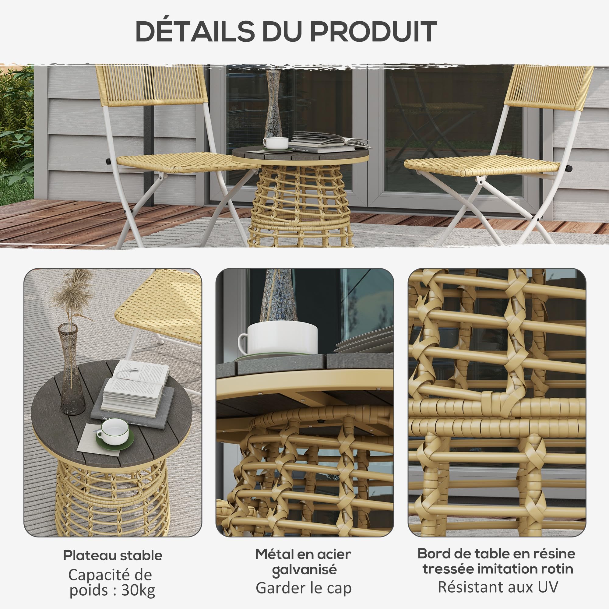 Outsunny Table Basse de Jardin Ronde Résine Rotin Métal Plateau Composite Ø 45 x 50 cm Naturel