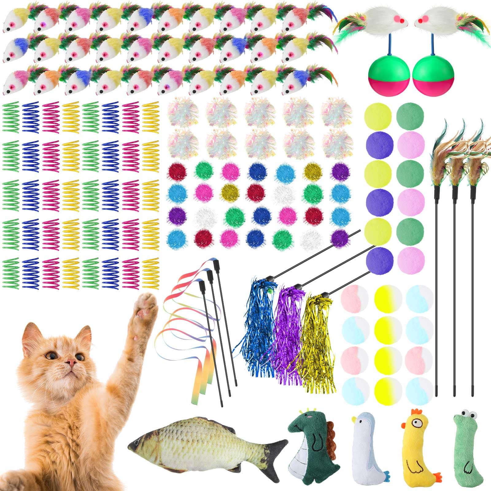 Shappy 150 Pcs Cat Toys for Indoor Cats Bulk, Kitten Toys Pack, Variety Interactive Gift Including Mice Interactive Silent Ball Spring Crinkle Balls