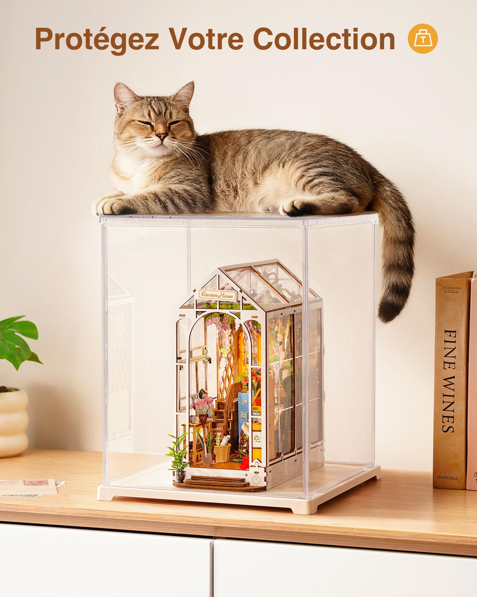 Rolife Vitrine Acrylique pour Collection 23 x 23 x 29.2 CM, Boîte Transparente de Présentation pour Book Nook, Maison Miniature DIY, Puzzle 3D et Figurines d'action, Anti-poussière pour Rangement