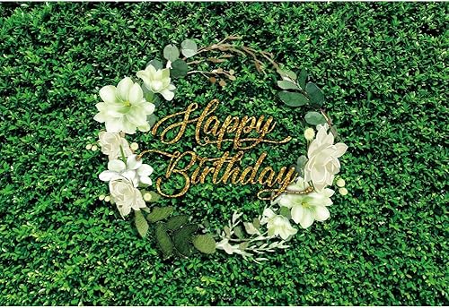 AOFOTO Fondo de pared de cumpleaños de 7 x 5 pies para mujer, hojas verdes, hierba, flores blancas, jardín de primavera, naturaleza, fotografía,