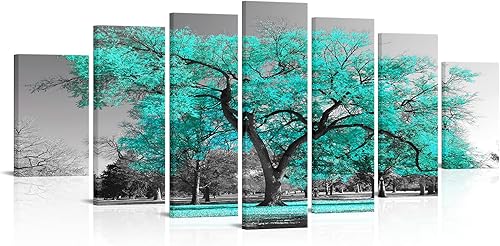 Visual Art Decor Lienzo grande para pared, paisaje de árbol verde azulado, arte de pared, pintura de árbol turquesa, arwork enmarcado, sala de