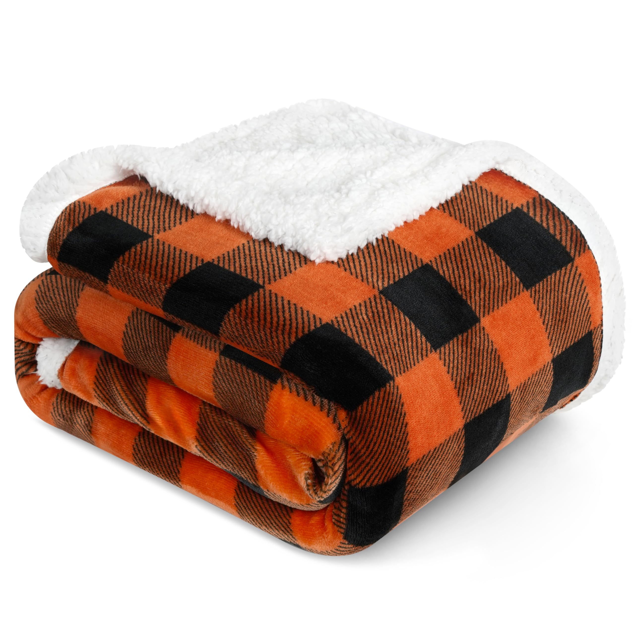 PAVILIA Black Orange Buffalo Plaid Sherpa Throw Blanket for Couch Twin, Soft Fuzzy Flannel Blanket for Bed, Plush Halloween Checkered Fleece Blanket and Throws, Warm Thick Winter Blanket Gift, 60x80