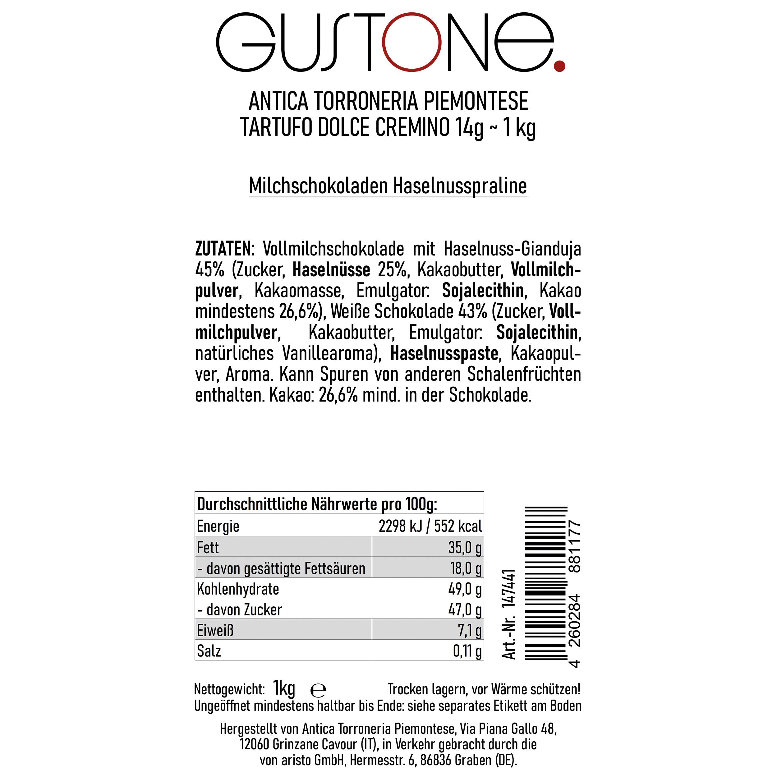 GUSTONE. Tartufi Dolci Cremino 70 Stück je 14g Antica Torroneria 1kg | glutenfrei, IGP-geschützte Herkunft, Trüffel-Praline Nougat weißer Piemont-Haselnüsse, Schokoladentrüffel, 26,6% Kakao