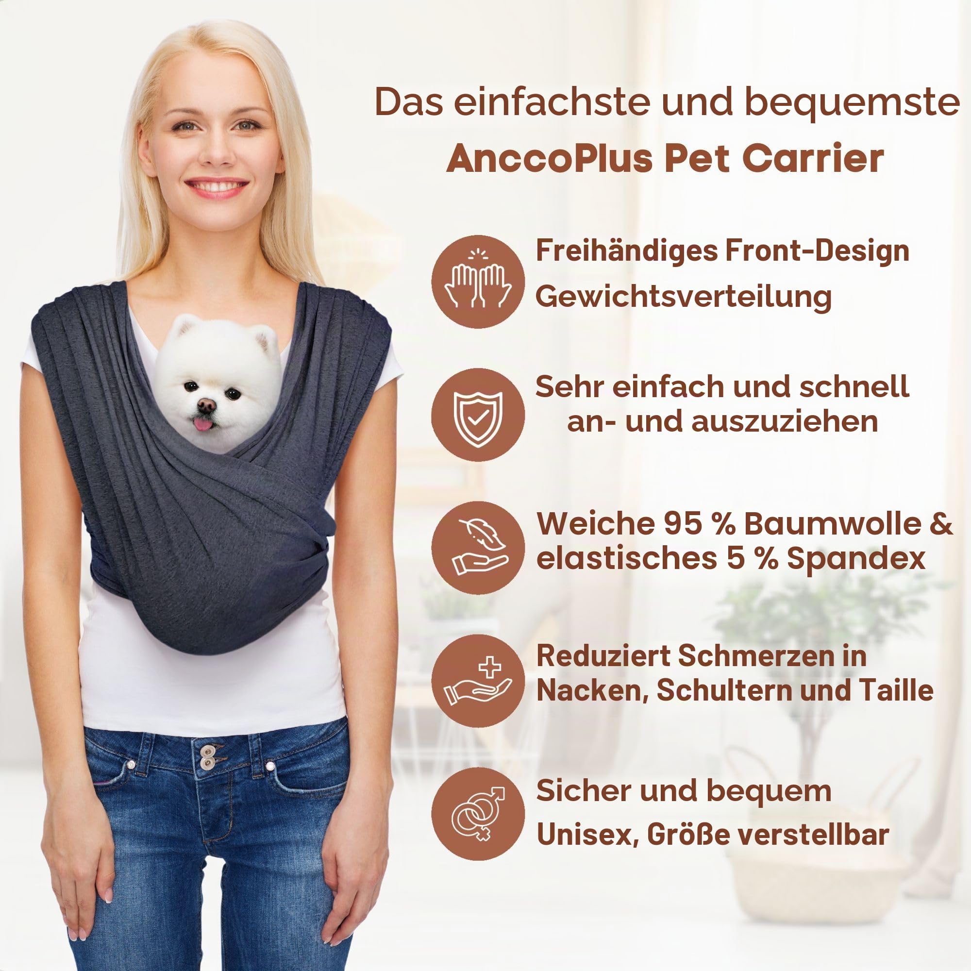 AnccoPlus Hundetrage für kleine Hunde, nach vorne gerichtete Hundetragetasche, freihändiges Katzenschulen, größenverstellbar, reduziert Rückenschmerzen, weiche Baumwolle, Premium-Hundetragetuch