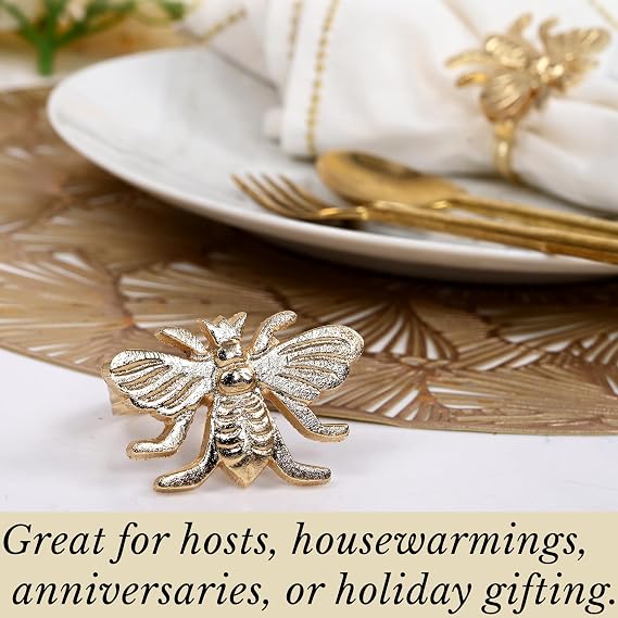 Alpha Living HOMEAntique Gold Metal Napkin Rings - Set of 12 Elegant Bee Table Holders - Ideal Decor for Weddings, Family Gatherings, Formal Dinners, Banquets & Everyday Dining