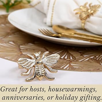 Alpha Living HOMEAntique Gold Metal Napkin Rings - Set of 12 Elegant Bee Table Holders - Ideal Decor for Weddings, Family Gatherings, Formal Dinners, Banquets & Everyday Dining