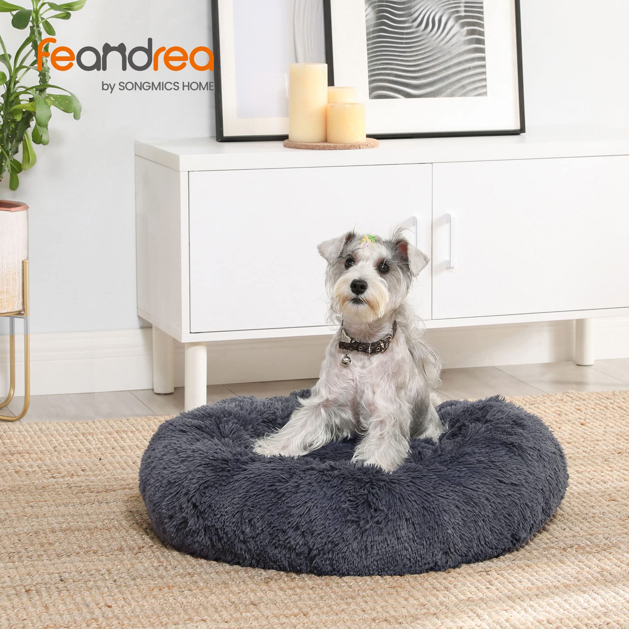 Feandrea Cuccia Cane Interno, Cuccia per Cani, Lettino per Animali Domestici a Ciambella, Cuscino Sfoderabile e Lavabile, Tappeto di Peluche, Diametro 70 cm, Grigio Scuro PGW039G02